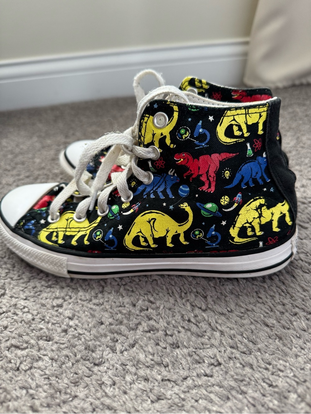 Kids Converse Sneakers with Colorful Dinosaur Print - Black/Yellow/Red/Blue